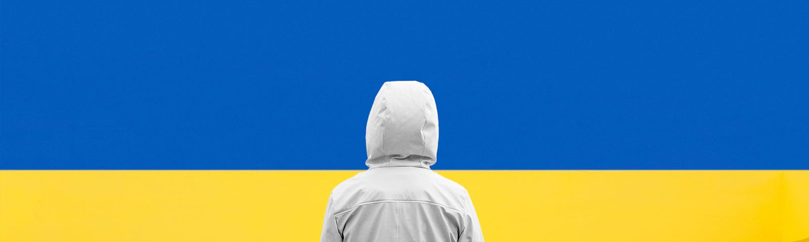 A person facing the Ukrainian flag