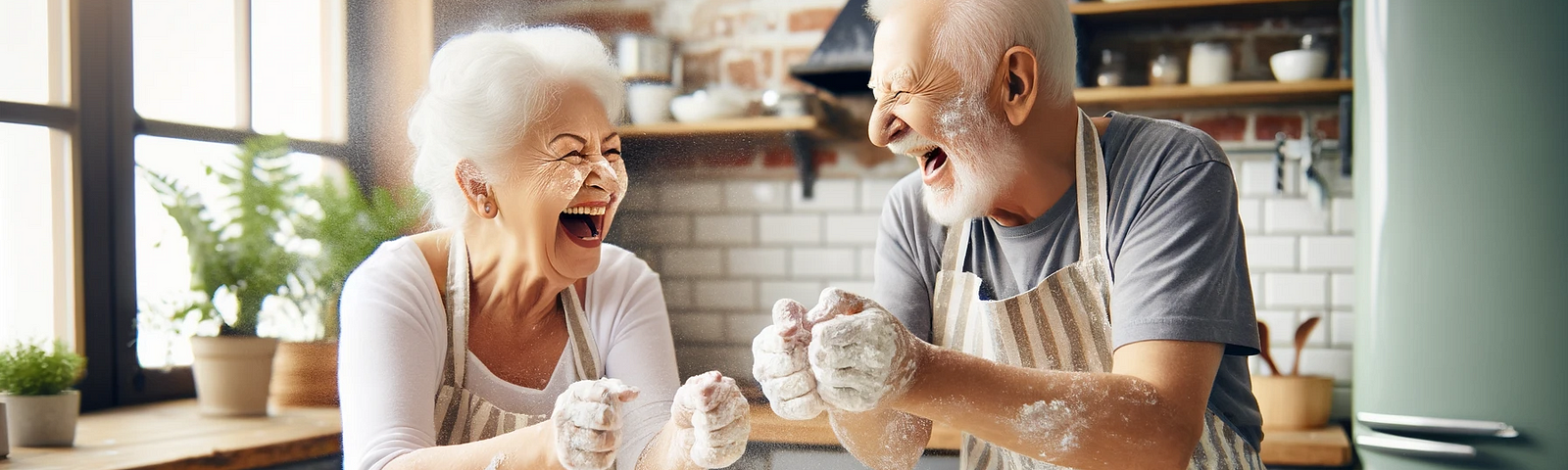 Elderly couple laughing together while covered in flour as they bake in a homely kitchen, surrounded by baking ingredients and utensils, embodying the joy of active living and healthy eating at any age.