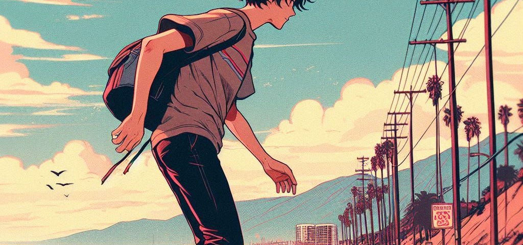 A skater by the beach. He is wearing a t-shirt, rolled up jeans and a pair of Vans