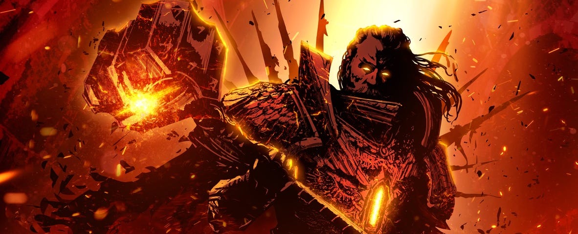 Image: A bearded man in armor haloed in long, dangerous-looking spikes and holding a massive molten metal hammer.