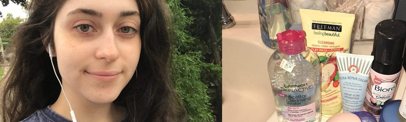 A side-by-side photo of the author (left) and her skincare products (right).