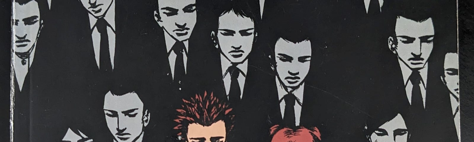 The cover of Demo by Brian Wood and Becky Cloonan. A young couple in red shirts walks together in a crowd of black and white figures.