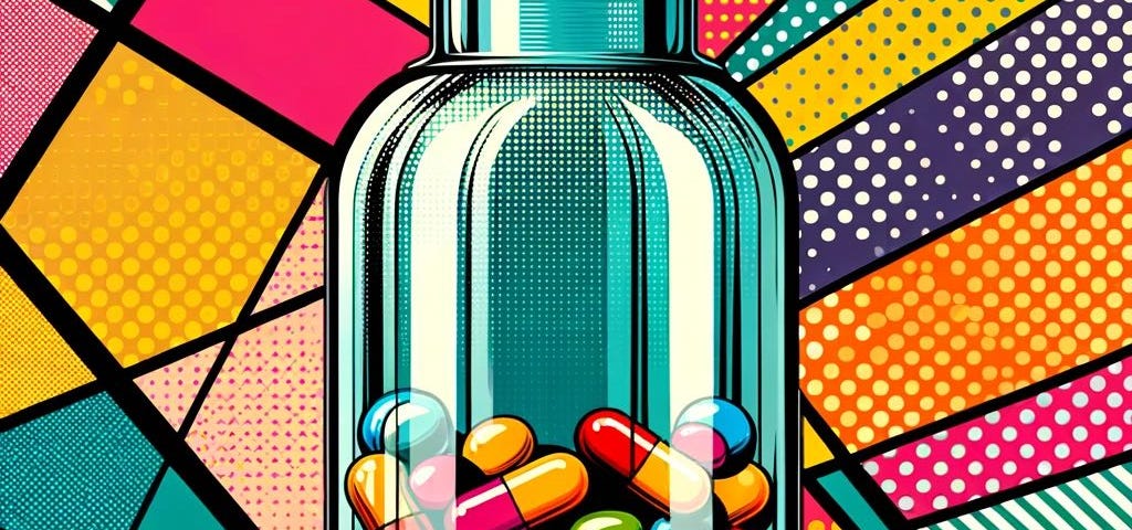 Pop art-style image of a colorful pill bottle