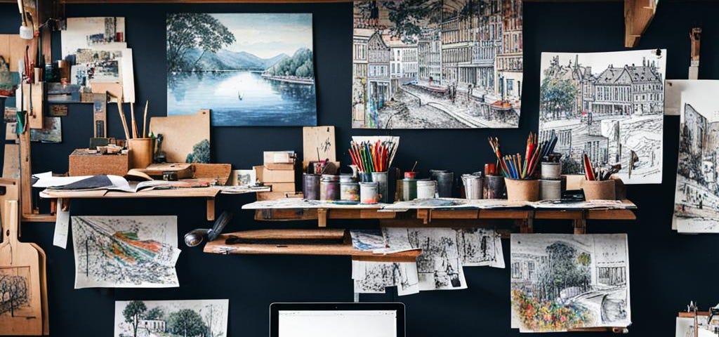 An artist’s office with hand-drawn pictures on the walls, a computer on the desk, cups with pencils on the desk, and various art supplies on a shelf
