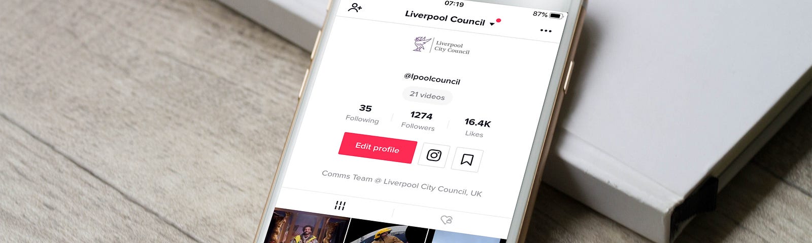 Mobile phone showing Liverpool City Council’s TikTok feed