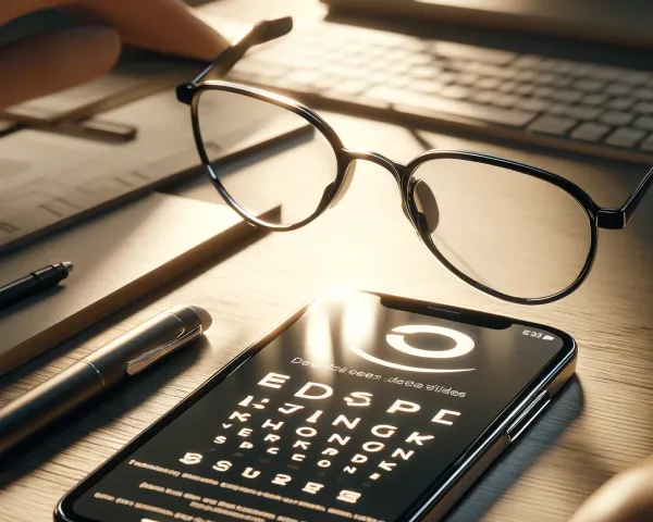 Eyeglasses, pens, and a smartphone displaying an eye chart on a wooden desk