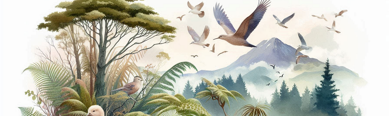 a watercolour image of Nz native bush scenery with birds