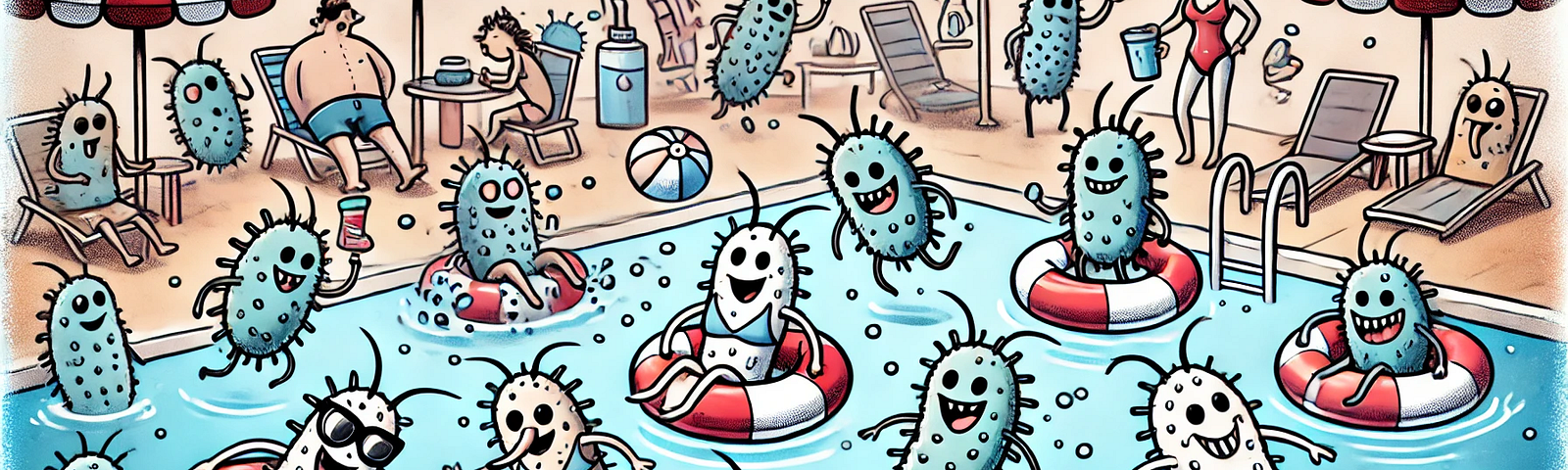 Cartoon of Cryptosporidium parasites having fun in a swimming pool. The parasites are depicted with playful expressions, engaging in activities like swimming, diving, and lounging on floaties. The scene is lively with water splashes, pool toys, and a fun atmosphere, drawn in a light-hearted and humorous newspaper cartoon style.