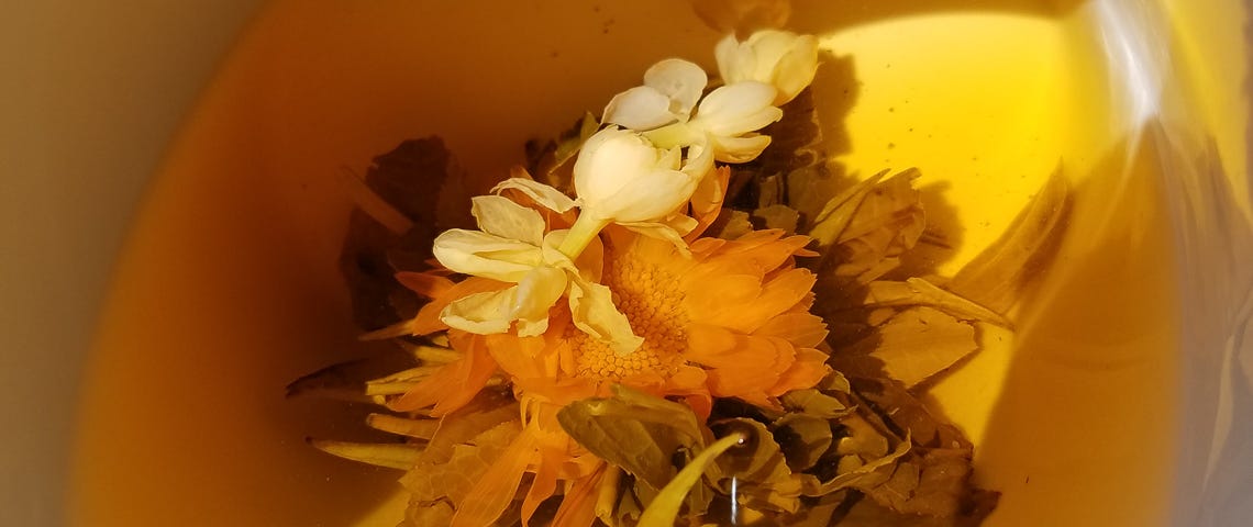 Photo of blooming tea in a cup.