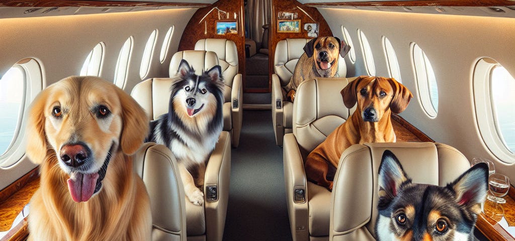 Five dogs on seats in a private plane