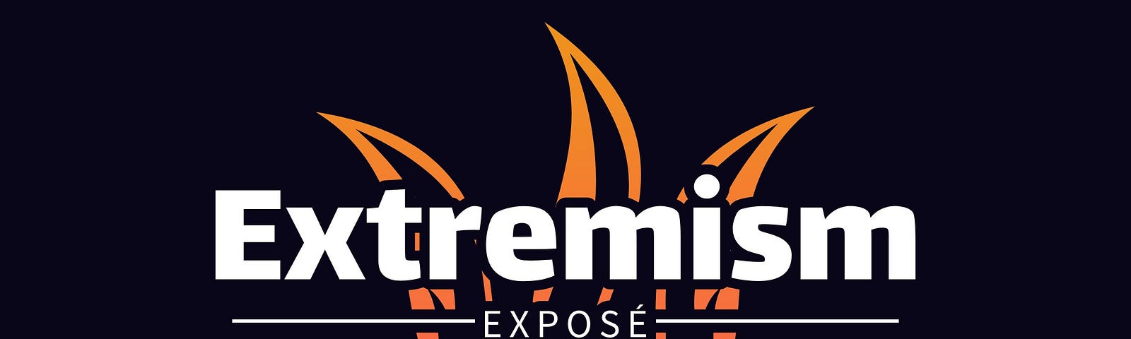 The logo features the text “Extremism Exposé” prominently in the center. The word “Extremism” is in bold white letters, with “Exposé” in smaller white letters below it, separated by a horizontal line. Behind the text are stylized orange and red flames, suggesting the fiery nature of the topic. The background is dark, creating a strong contrast that makes the text and flames stand out vividly.