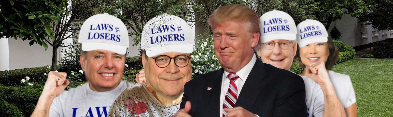 Trump and GOP politicians posing in “Laws Are For Losers” gear.