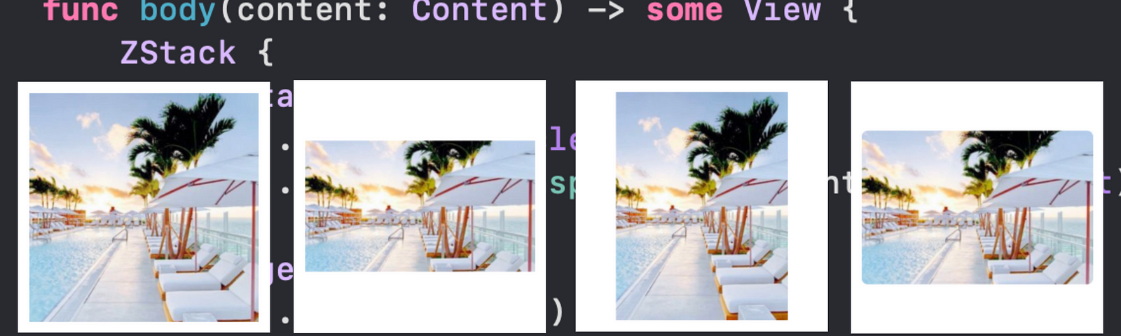 The same image is displayed four times, each at a different size. Images are positioned above the SwiftUI code that handles resizing the images.