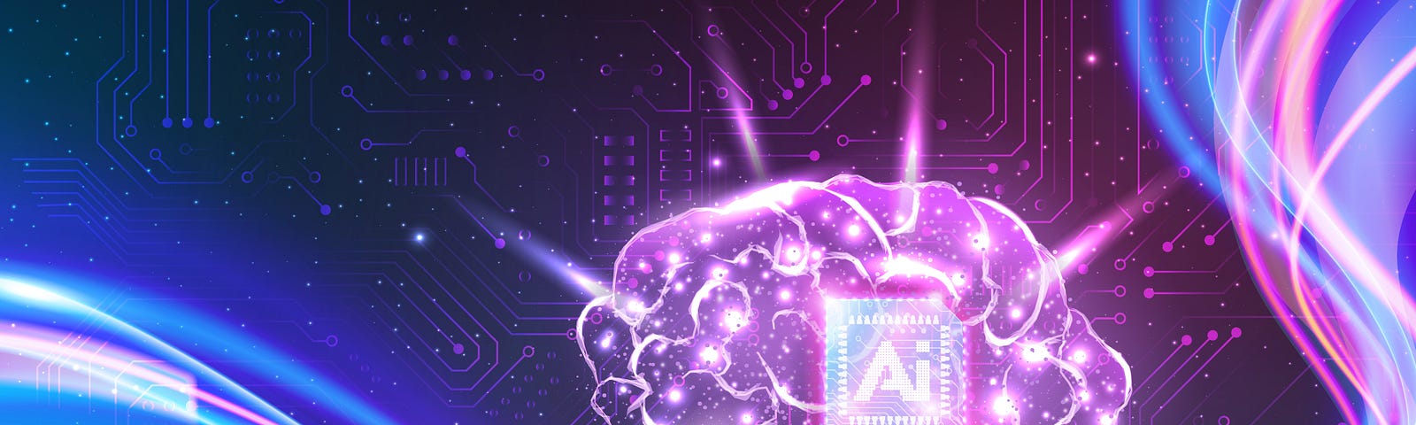 AI technology concept chipset on abstract shinny gradient brain in futuristic style purple pink tone wave line background