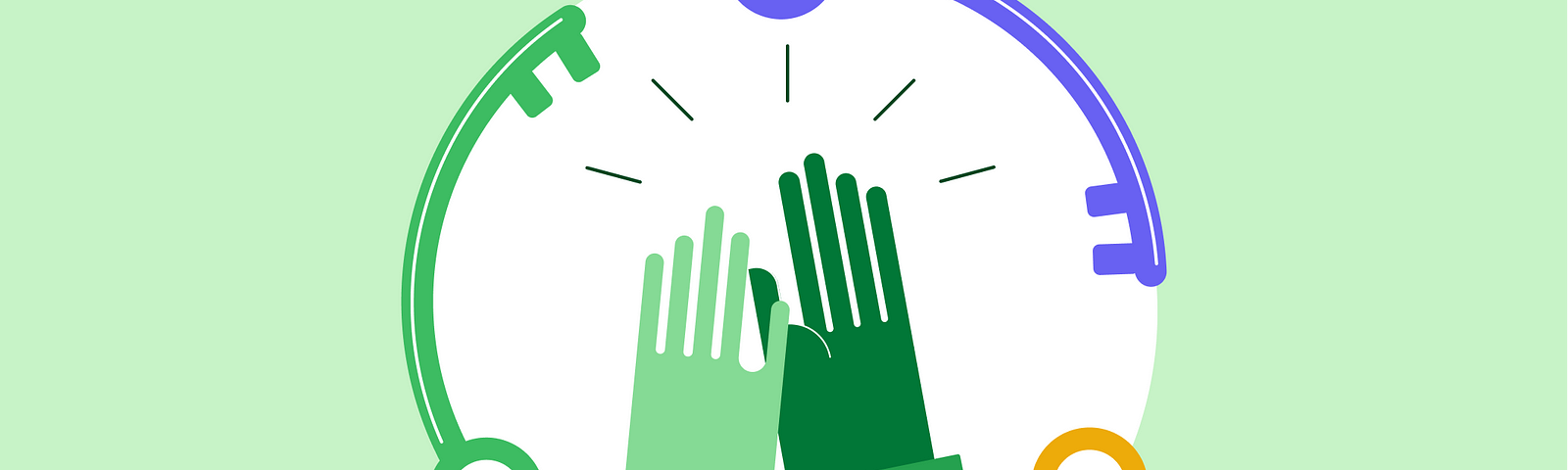 Illustration of hands doing high-five circle of 3 keys around them on green background