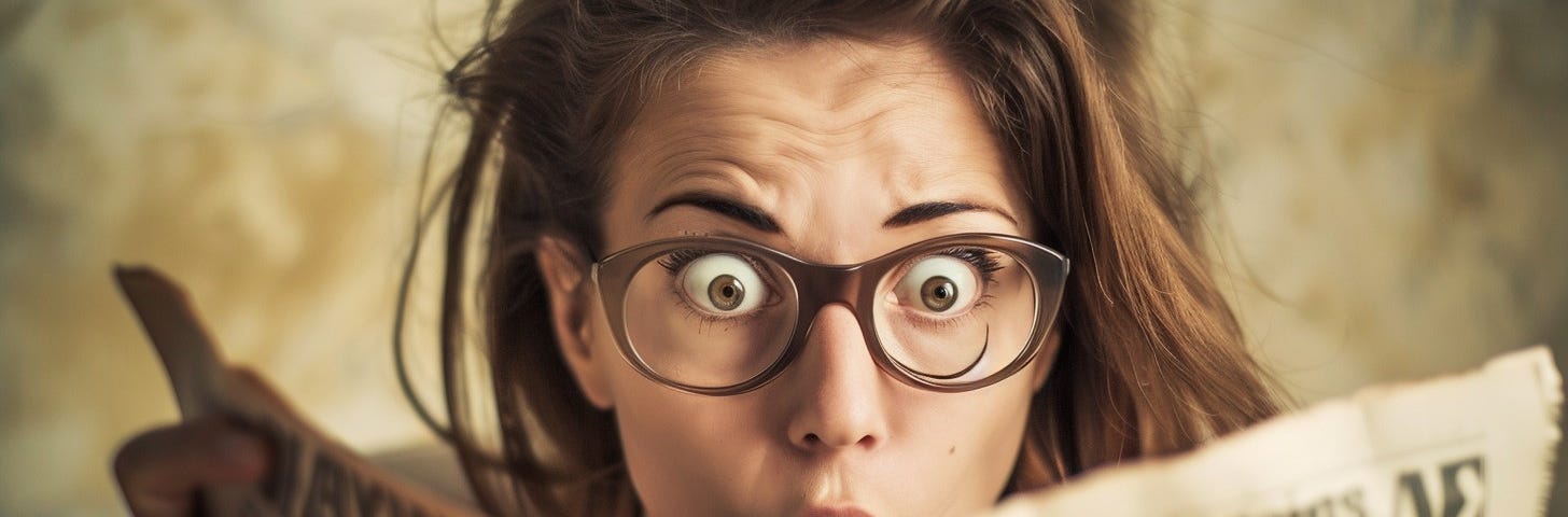 Young woman wearing glasses looks shocked while reading the startling headlines in a vintage newspaper.