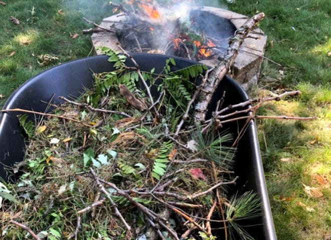 Wheelbarrow filled with branches and debris from a recent storm