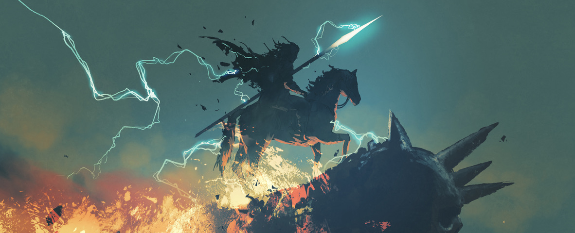 Image: A figure with a glowing spear riding on a horse, charging up the back of a vast, skull-faced demon.