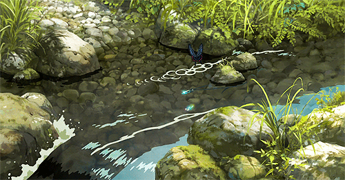 A gif of a water stream animation with a butterly flying over it.