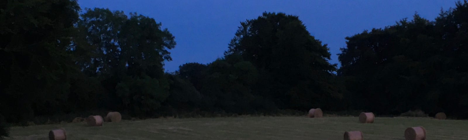 A countryside field littered with bales, the full moon above.