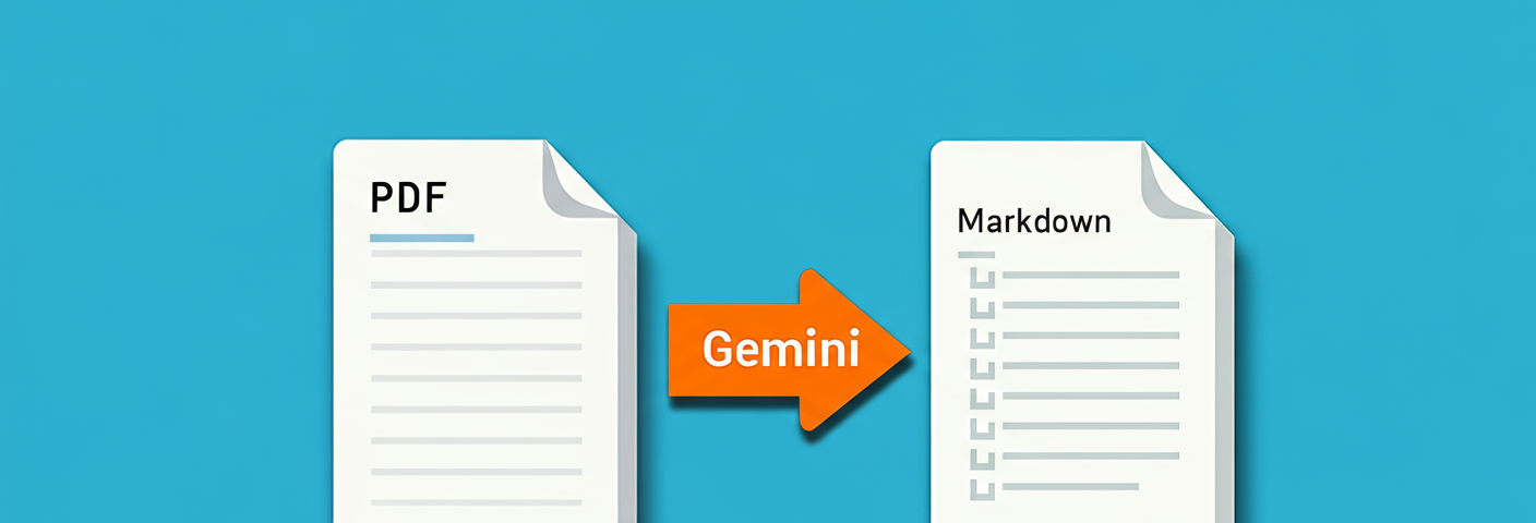 An illustration showing a PDF document on the left, an arrow with the word Gemini leading from the PDF to a Markdown document.