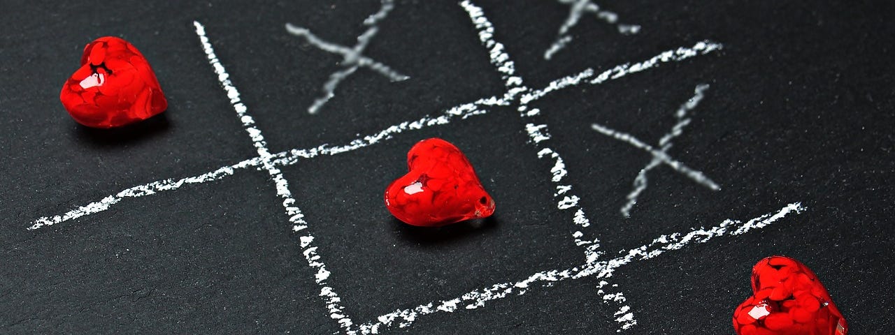 A tic tac toe game with chalk on a black background of chalkboard. The lines and x’s are white and there are three red hearts forming a diagonal to win the game.