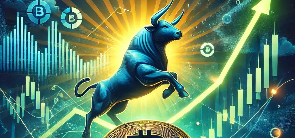 A dynamic illustration of a Bitcoin symbol rising above a fluctuating market graph, symbolizing Bitcoin’s recent bounce back after a dip. The image features a bull to represent bullish sentiment, with abstract shapes indicating market volatility. The background includes deep blues and greens for stability and growth, with bright light breaking through clouds, symbolizing optimism for the future.