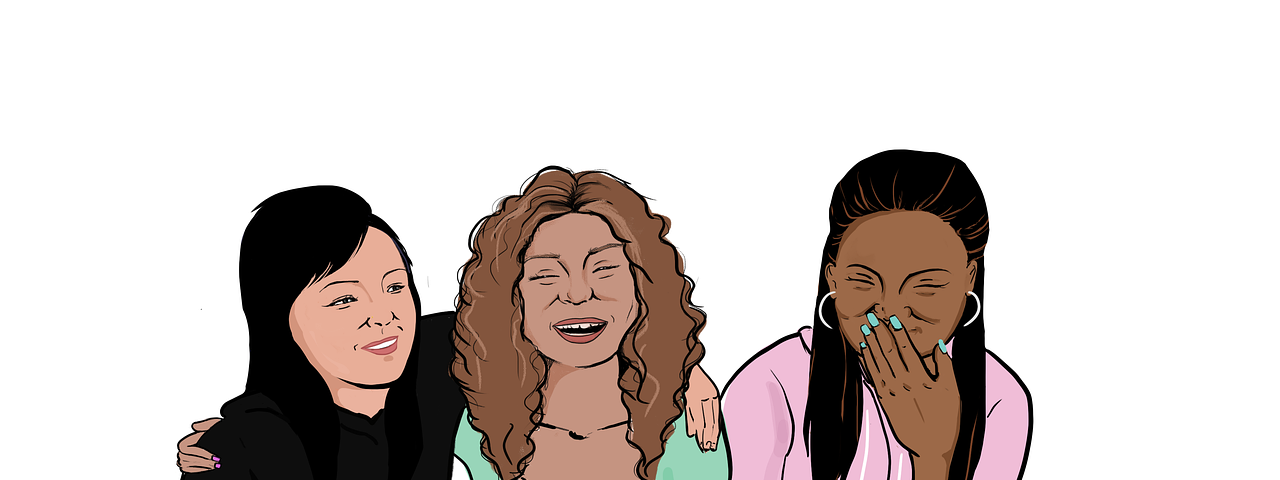 Illustration of three woman of different races laughing together and leaning on one another