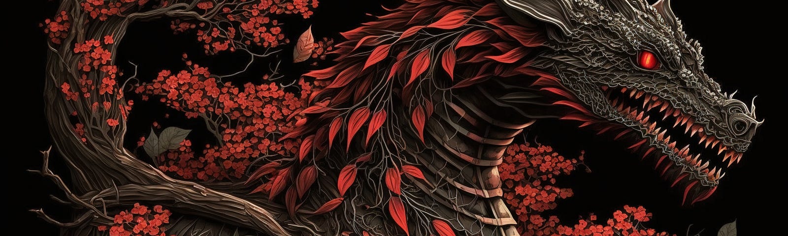 The Chinese New Year 2024 Wood Dragon sits against a black background surrounded by red flowers.