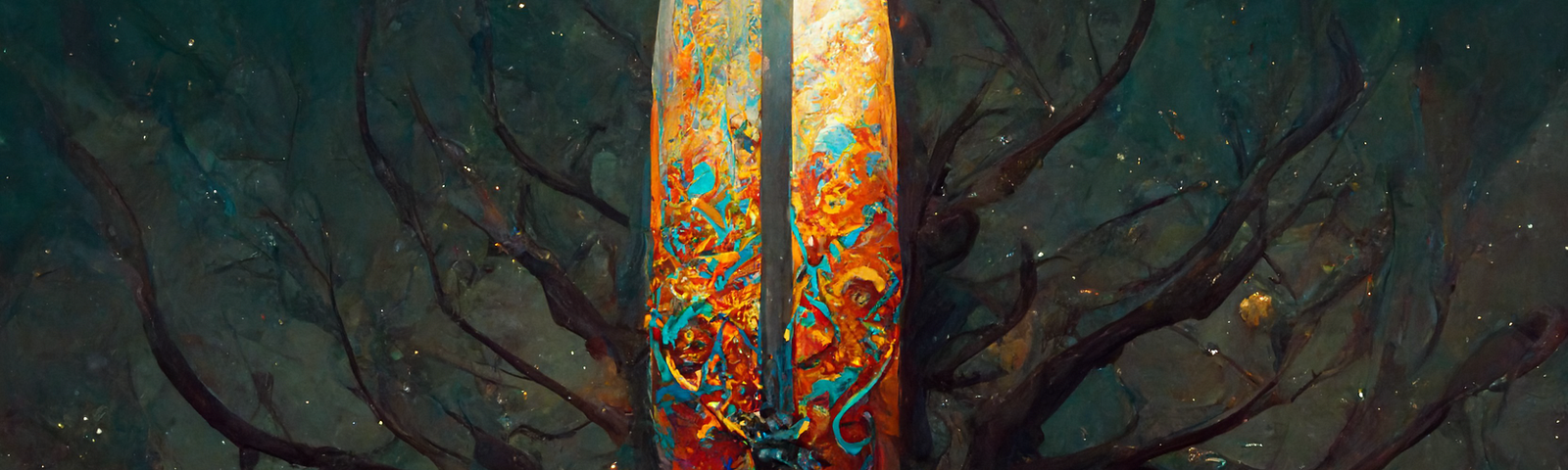 A rusty blade against a forest background.