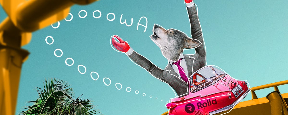 A wolf wearing a suit rides a pink and yellow rollercoaster while howling. A palm tree sways in the background against a clear blue sky.