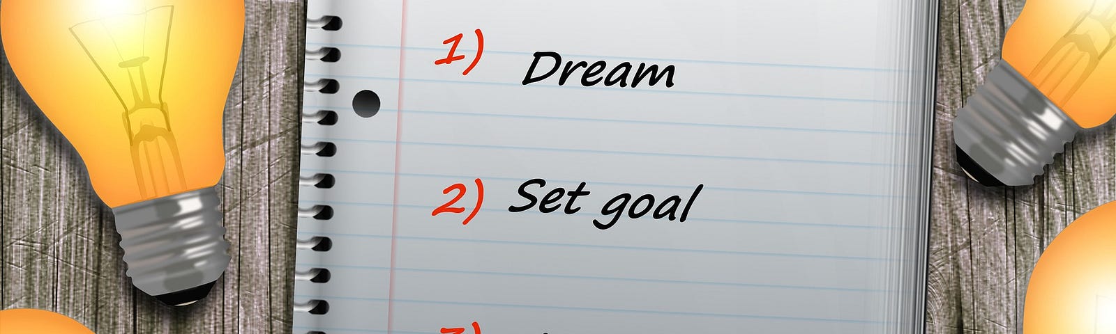 Lightbulbs surrounding A notepad with 3 sections saying dream, set goal and action to encourage goal resultion
