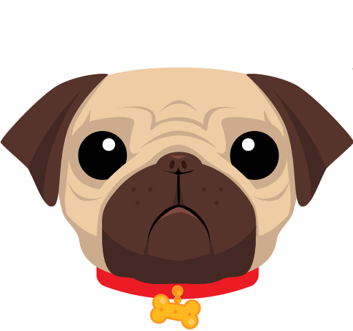 The logo for pug, a slightly sad looking cartoon dog wearing a red collar with a pendant in the shape of a bone.