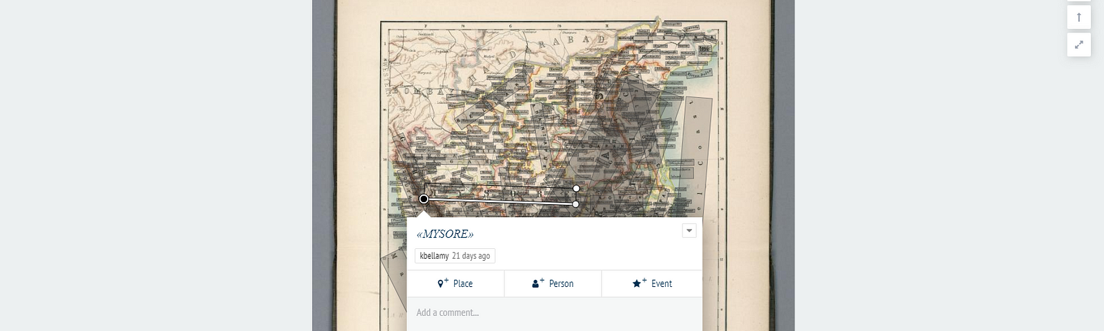 A screenshot of the Recogito interface being used to annotate an 1893 map of southern India