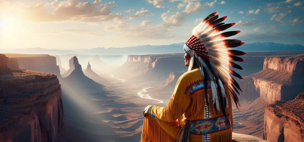 An American Indian contemplating a canyon sunset.