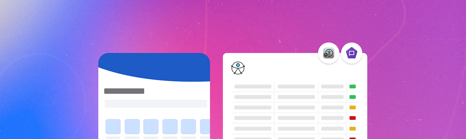 Ilustração com fundo degradê do azul ao rosa. Ao centro um celular com elementos genéricos e no lado direito, uma tabela com um símbolo universal de Acessibilidade e com dois ícones de VoiceOver e Talkback, embaixo é uma tabela genérica com colunas cinzas e uma coluna com cores verde, amarelo e vermelho.