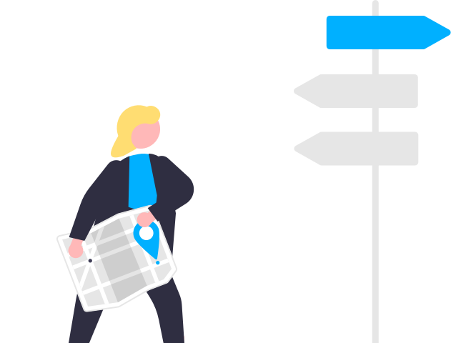 An illustration of a woman holding a map and looking at a sign with two grey arrows pointing to the left and one blue arrow pointing to the right. The woman looks like she is trying to figure out which direction to go.