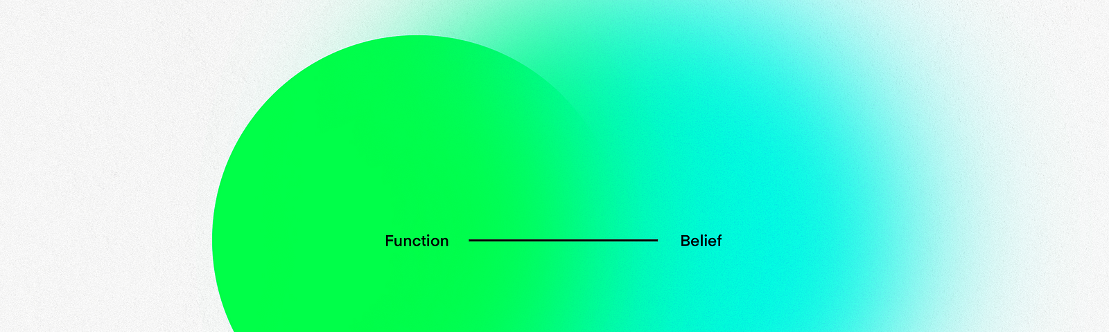 Two inter-connected circles. On the left, a solid green circle represents the “functional” aspects of a product or service. On the right, a larger blurred blue circle represents the more abstract and emotional aspects of “belief” in a product or service. The two circles blend in the middle with a connecting black line.