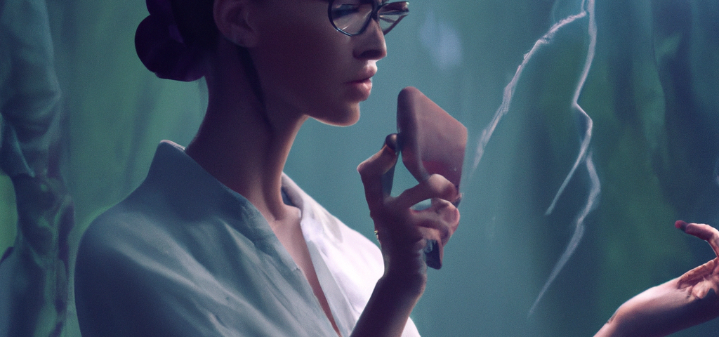 Young woman looking at her phone while in a storm