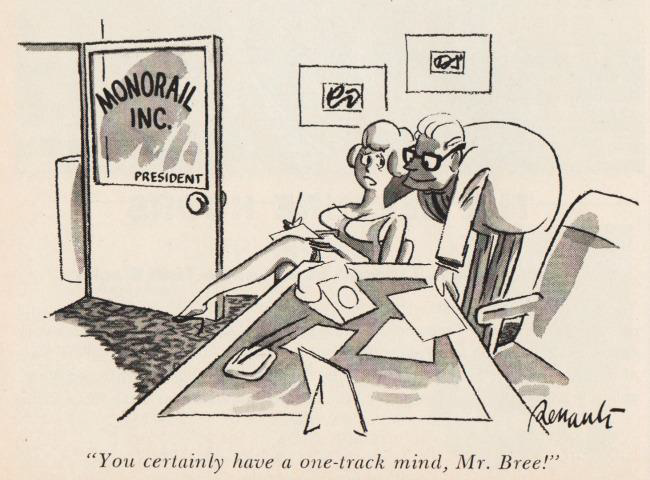 Printed cartoon from Playboy featuring inappropriate sexual  misconduct at the office. Mr Bree, a man in glasses, bends over a young woman seated at a desk in order to admire her cleavage. The door is wide open and reads ‘Monorail Inc. President’.