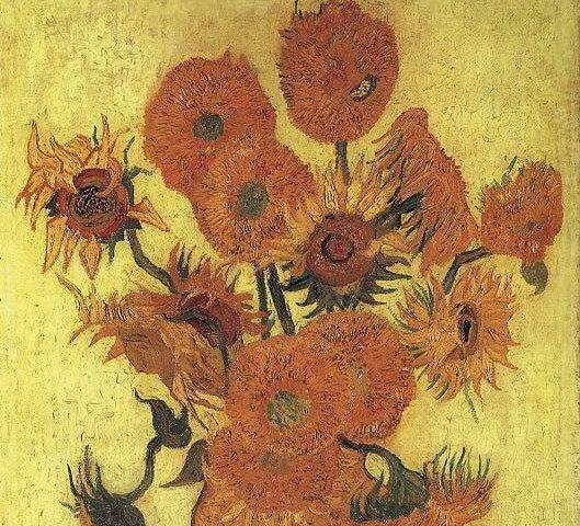 Impasto painting in hues of yellow: vase with 15 sunflowers in various life stages.