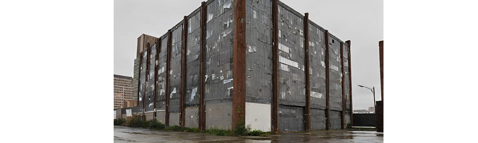 An abandoned, dilapidated warehouse in a large city, on a rainy afternoon.