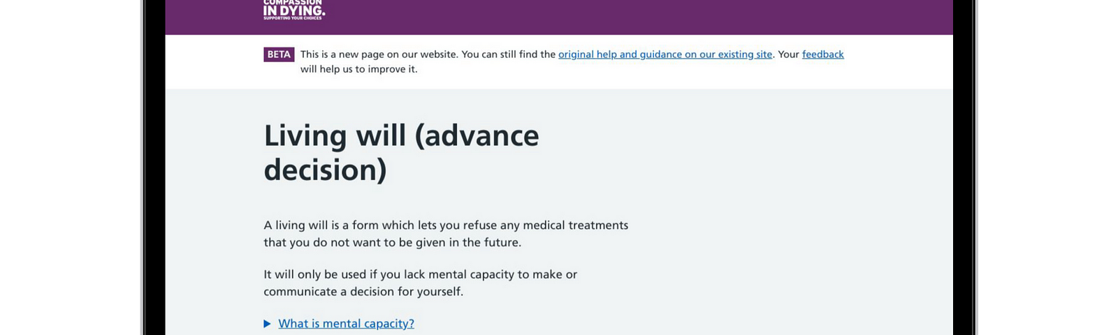 Our new webpage on living wills displayed on a laptop screen to show how it looks.