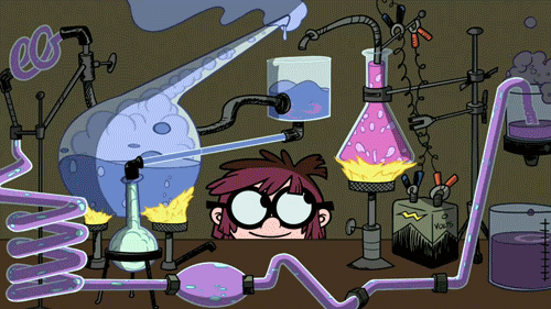 A gif of Lisa Loud cartoon watching her experiment passing the alchemy glassware while changing color