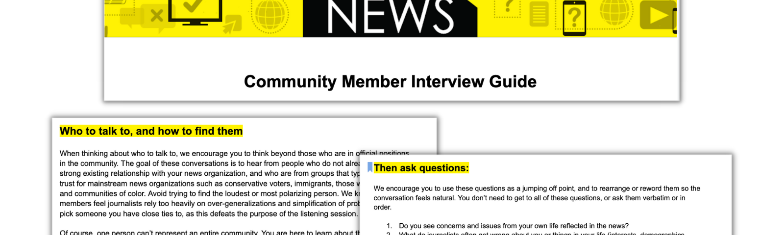 Multiple screenshots of Trusting News’ newly revised community interview guide, which you can find at bit.ly/communityinterviewguide.