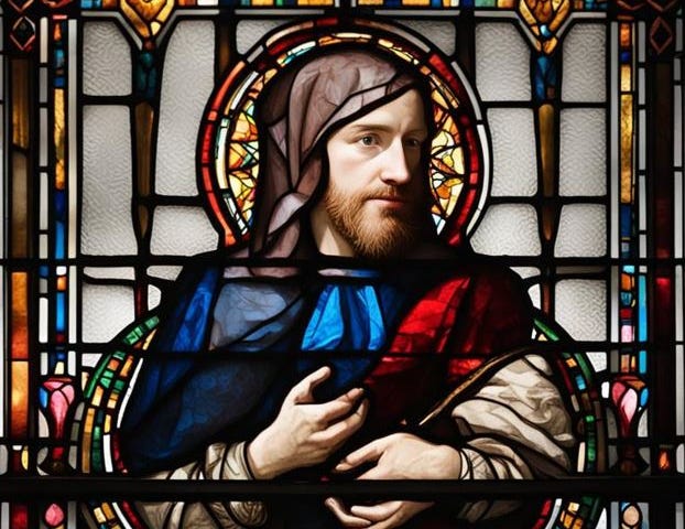 A stained glass portrait depicting light and darkness