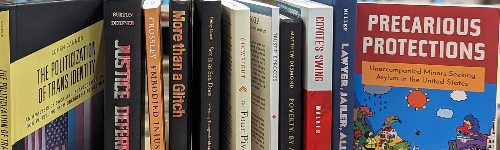 Eleven books are lined up on a shelf. The two books on the outside face out somewhat, allowing a view of the book covers. The nine other books have their spines facing out.