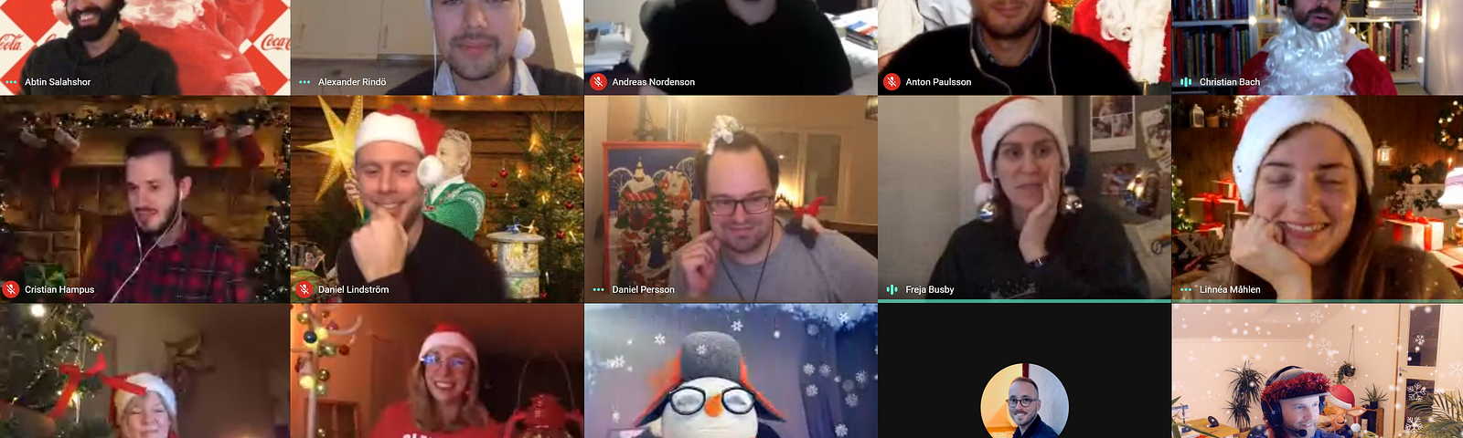 Skärmdump från en av teamets AW med jultema. 17 personer med varierad julklädsel i ett rutnät från Google Meet.