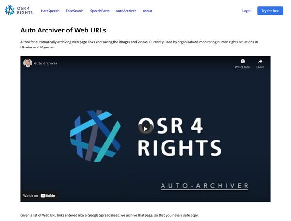 Screenshot of the home page of the OSR 4 Rights auto archiver showing a video ready to play with the OSR 4 Rights logo displayed