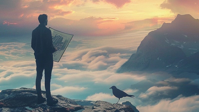 A man holding a blueprint plan, while starting out into the mountains. A bird stands beside him on the mountain.